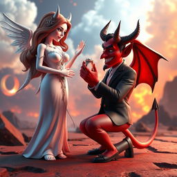 A striking 3D image of a devil character kneeling on one knee, presenting a lavish ring to a stunningly beautiful goddess