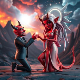 A striking 3D image of a devil character kneeling on one knee, presenting a lavish ring to a stunningly beautiful goddess