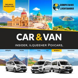 A vibrant travel banner showcasing car and van services to destinations like Arequipa, Tacna, Moquegua, Ilo, and Calacaja