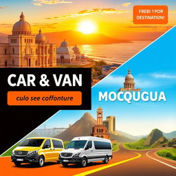 A vibrant travel banner showcasing car and van services to destinations like Arequipa, Tacna, Moquegua, Ilo, and Calacaja