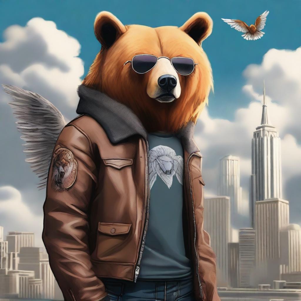 An image of high-quality digital art showcases a bear with a rebellious aura standing next to an angelic fox