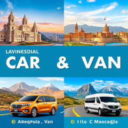 A vibrant travel banner showcasing car and van services to destinations like Arequipa, Tacna, Moquegua, Ilo, and Calacaja