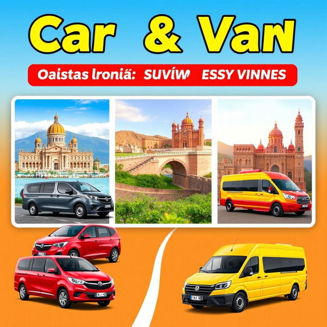 A vibrant travel banner showcasing car and van services to destinations like Arequipa, Tacna, Moquegua, Ilo, and Calacaja