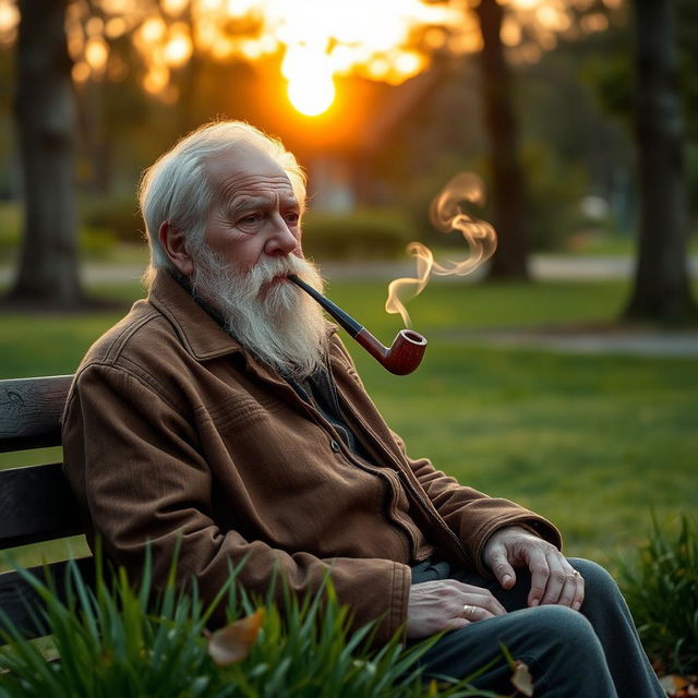 A wise old man with a weathered face and white hair, dressed in a worn brown leather jacket, sitting on a wooden bench in a park