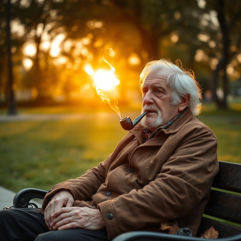 A wise old man with a weathered face and white hair, dressed in a worn brown leather jacket, sitting on a wooden bench in a park