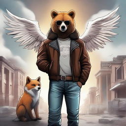 An image of high-quality digital art showcases a bear with a rebellious aura standing next to an angelic fox