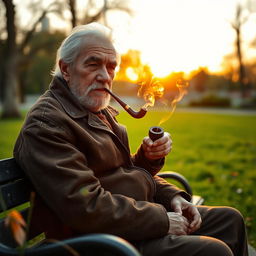 A wise old man with a weathered face and white hair, dressed in a worn brown leather jacket, sitting on a wooden bench in a park