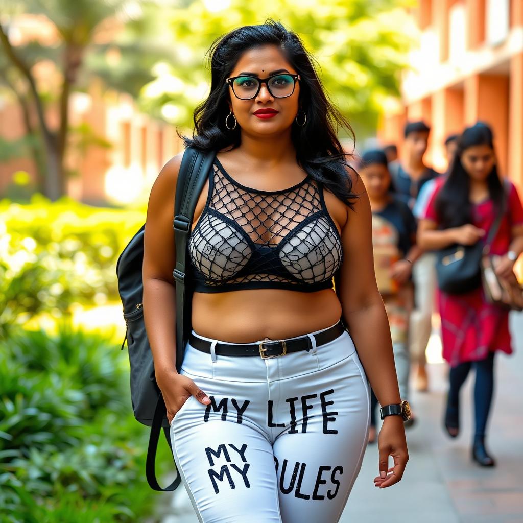 A fashionable Indian mom with a wide figure confidently heading to college, wearing a stylish black net bra paired with white panties that prominently feature the phrase "MY LIFE MY RULES