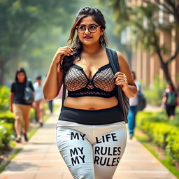 A fashionable Indian mom with a wide figure confidently heading to college, wearing a stylish black net bra paired with white panties that prominently feature the phrase "MY LIFE MY RULES