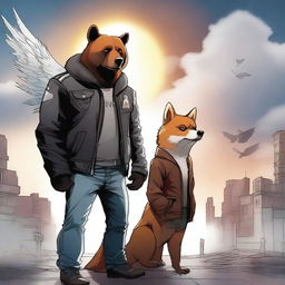 An image of high-quality digital art showcases a bear with a rebellious aura standing next to an angelic fox