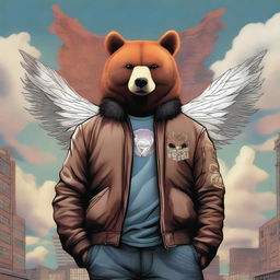 An image of high-quality digital art showcases a bear with a rebellious aura standing next to an angelic fox