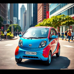 A vibrant and modern Tata Nano car parked on a bustling city street during the day