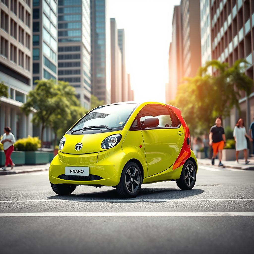 A vibrant and modern Tata Nano car parked on a bustling city street during the day