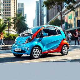 A vibrant and modern Tata Nano car parked on a bustling city street during the day
