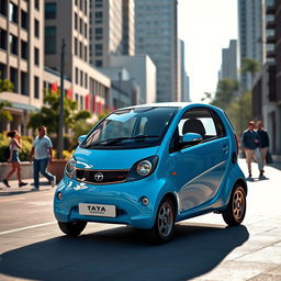 A vibrant and modern Tata Nano car parked on a bustling city street during the day