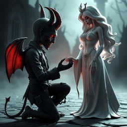 A hauntingly beautiful 3D image of a horror-themed devil character kneeling on one knee, offering a dark, twisted ring to a breathtakingly beautiful goddess