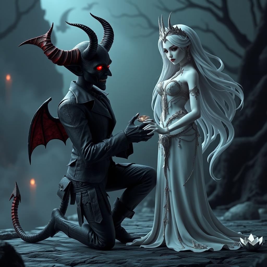 A hauntingly beautiful 3D image of a horror-themed devil character kneeling on one knee, offering a dark, twisted ring to a breathtakingly beautiful goddess