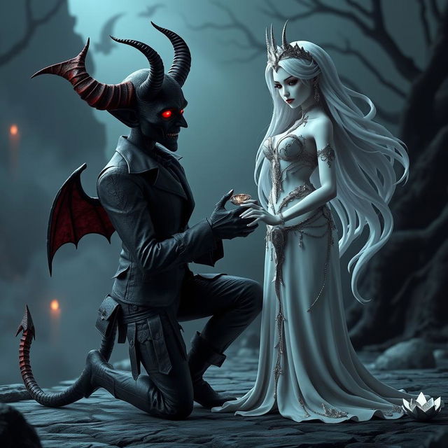 A hauntingly beautiful 3D image of a horror-themed devil character kneeling on one knee, offering a dark, twisted ring to a breathtakingly beautiful goddess