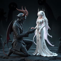 A hauntingly beautiful 3D image of a horror-themed devil character kneeling on one knee, offering a dark, twisted ring to a breathtakingly beautiful goddess
