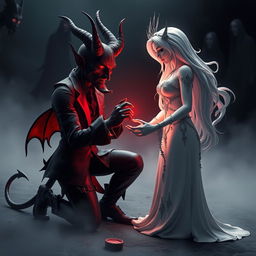 A hauntingly beautiful 3D image of a horror-themed devil character kneeling on one knee, offering a dark, twisted ring to a breathtakingly beautiful goddess
