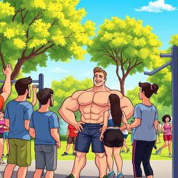 A vibrant cartoon scene depicting a muscular person engaging in conversation with others in a calisthenics park