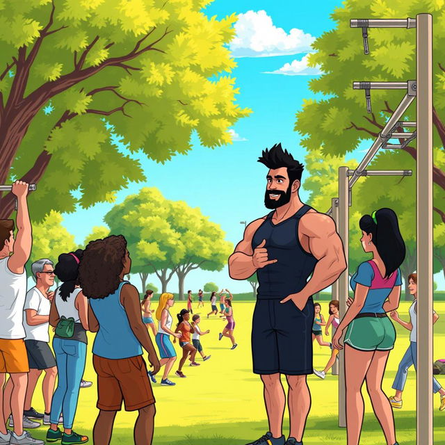 A vibrant cartoon scene depicting a muscular person engaging in conversation with others in a calisthenics park