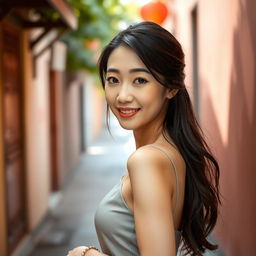 A beautiful Asian woman with an attractive appearance, walking gracefully down a narrow alley