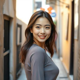 A beautiful Asian woman with an attractive appearance, walking gracefully down a narrow alley