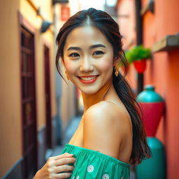A beautiful Asian woman with an attractive appearance, walking gracefully down a narrow alley