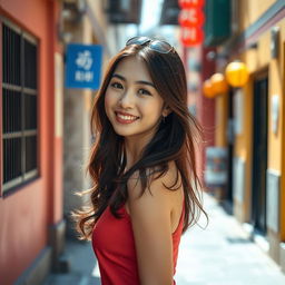 A beautiful Asian woman with an attractive appearance, walking gracefully down a narrow alley