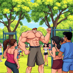 A vibrant cartoon scene depicting a muscular person engaging in conversation with others in a calisthenics park