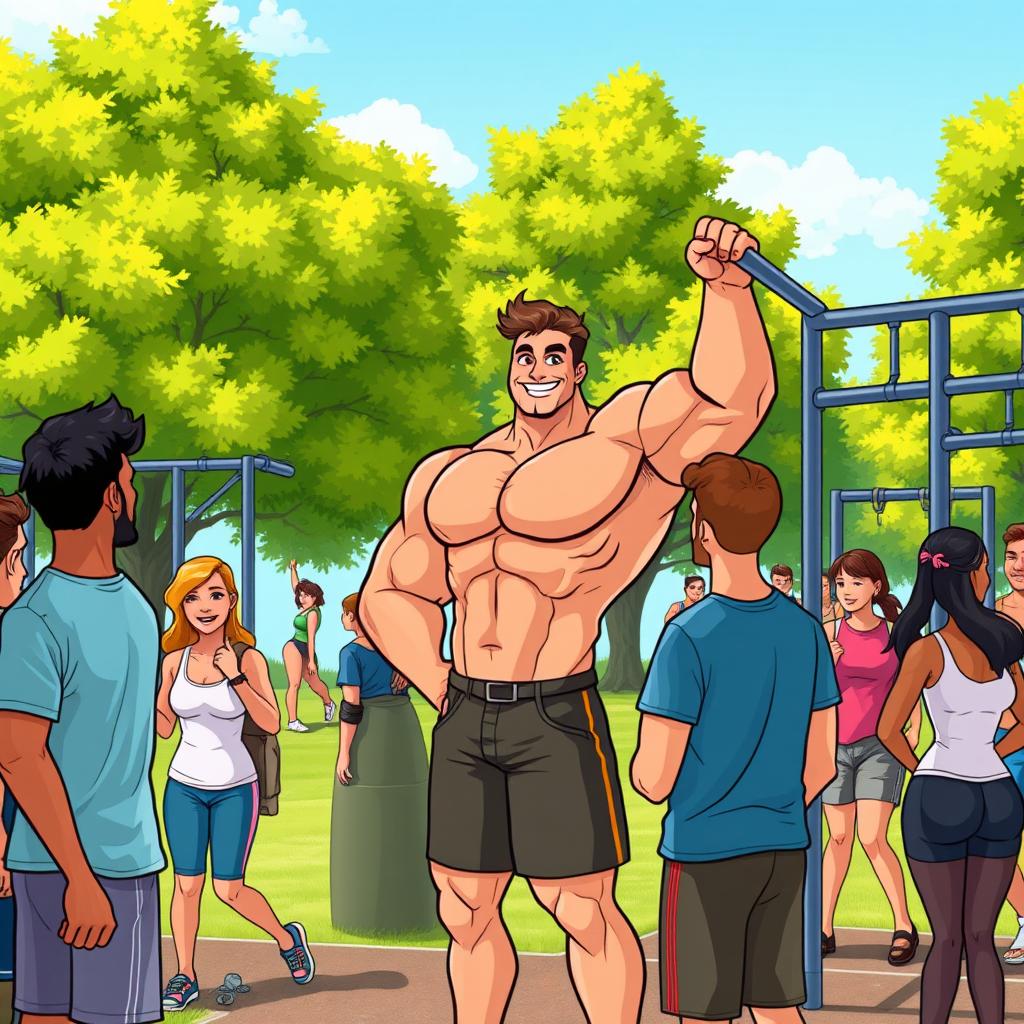 A vibrant cartoon scene depicting a muscular person engaging in conversation with others in a calisthenics park