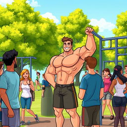 A vibrant cartoon scene depicting a muscular person engaging in conversation with others in a calisthenics park