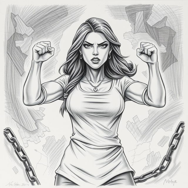 A pencil art illustration depicting a powerful woman standing strong in a symbolic representation of resistance against violence