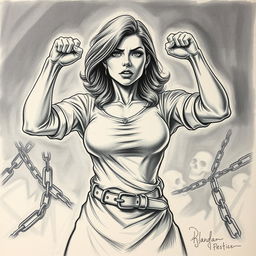 A pencil art illustration depicting a powerful woman standing strong in a symbolic representation of resistance against violence