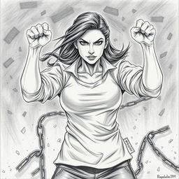 A pencil art illustration depicting a powerful woman standing strong in a symbolic representation of resistance against violence
