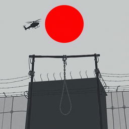 A haunting gray-toned illustration of a gallows with chains of slavery and ropes on either side, symbolizing oppression and suffering