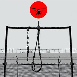 A haunting gray-toned illustration of a gallows with chains of slavery and ropes on either side, symbolizing oppression and suffering