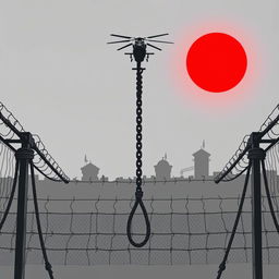 A haunting gray-toned illustration of a gallows with chains of slavery and ropes on either side, symbolizing oppression and suffering