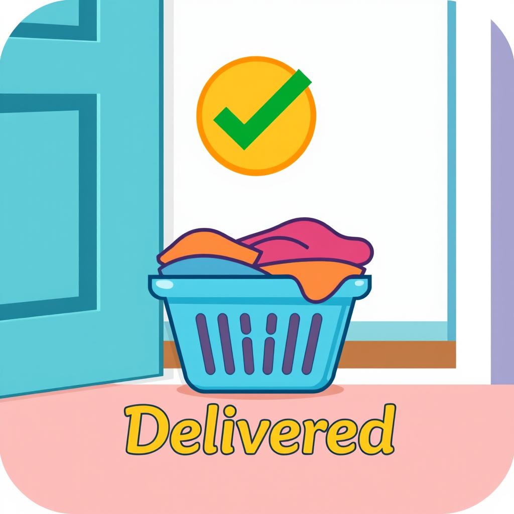 An icon image symbolizing the successful delivery of a laundry service to a customer, featuring a clean and minimalist design