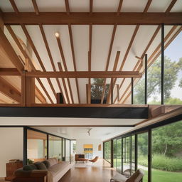 A lengthy living room in a mid-century modern style architecture, featuring an inbuilt seater, large glass openings, and a striking truss mezzanine level above. The room is designed to exude a sense of spaciousness and classic elegance.