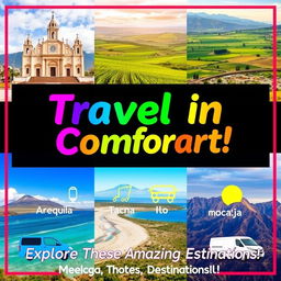 A vibrant and eye-catching travel service advertisement showcasing vehicle rentals (cars and vans) for destinations such as Arequipa, Tacna, Moquegua, Ilo, and Calacaja
