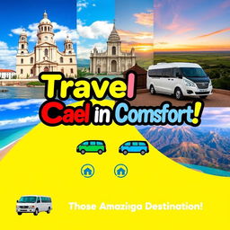A vibrant and eye-catching travel service advertisement showcasing vehicle rentals (cars and vans) for destinations such as Arequipa, Tacna, Moquegua, Ilo, and Calacaja