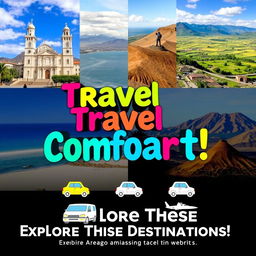 A vibrant and eye-catching travel service advertisement showcasing vehicle rentals (cars and vans) for destinations such as Arequipa, Tacna, Moquegua, Ilo, and Calacaja