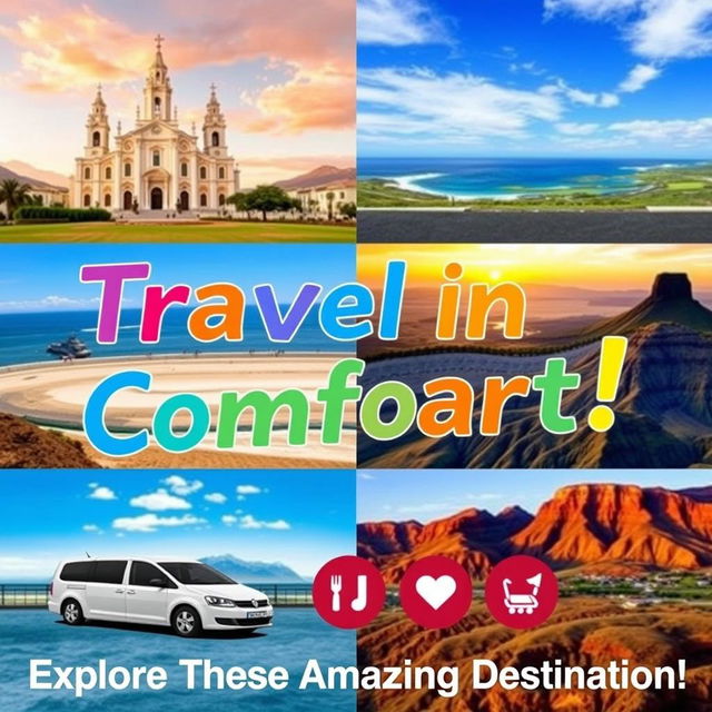 A vibrant and eye-catching travel service advertisement showcasing vehicle rentals (cars and vans) for destinations such as Arequipa, Tacna, Moquegua, Ilo, and Calacaja