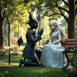 A captivating 3D image of a horror-themed devil character kneeling in a picturesque park, proposing to a beautifully ethereal goddess who is gracefully seated on a bench