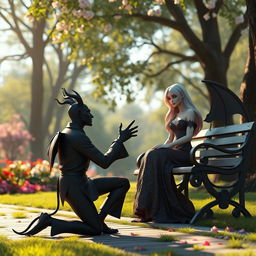 A captivating 3D image of a horror-themed devil character kneeling in a picturesque park, proposing to a beautifully ethereal goddess who is gracefully seated on a bench