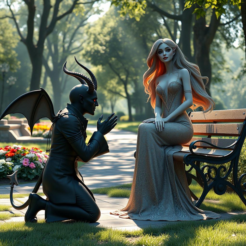 A captivating 3D image of a horror-themed devil character kneeling in a picturesque park, proposing to a beautifully ethereal goddess who is gracefully seated on a bench