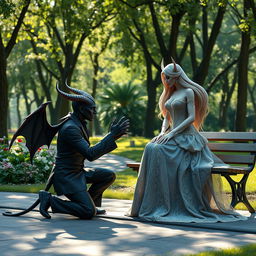 A captivating 3D image of a horror-themed devil character kneeling in a picturesque park, proposing to a beautifully ethereal goddess who is gracefully seated on a bench
