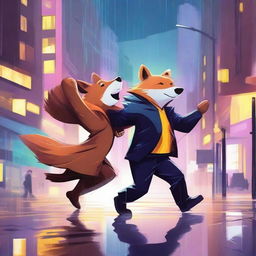 A high-quality digital art image vividly portrays a bear and a fox dancing in the rain